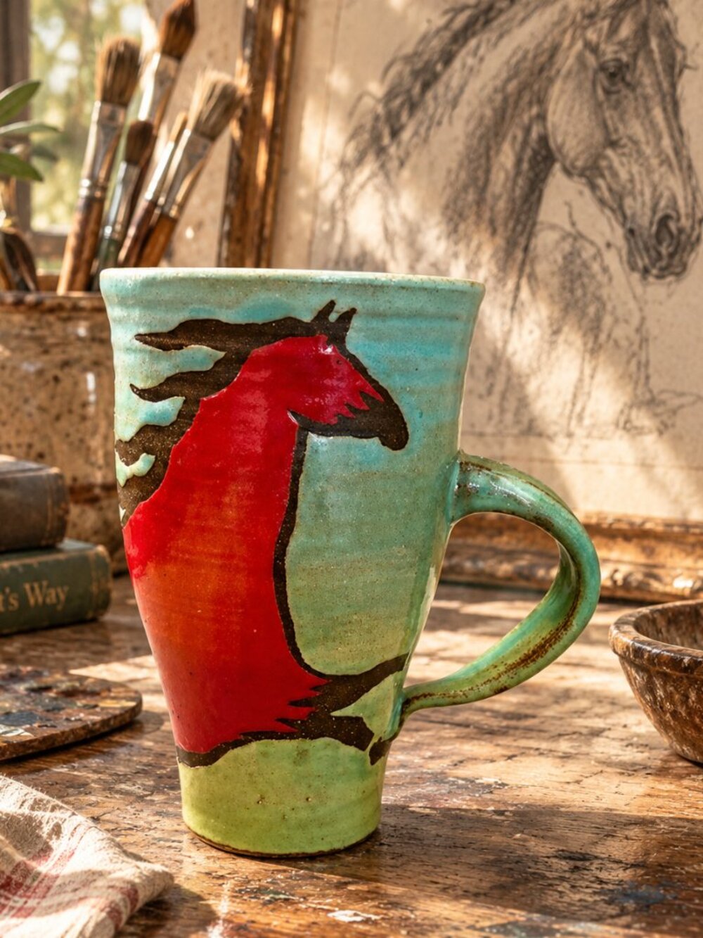 Rare Vintage Studio Pottery Signed Hand Crafted Horse Coffee Mug